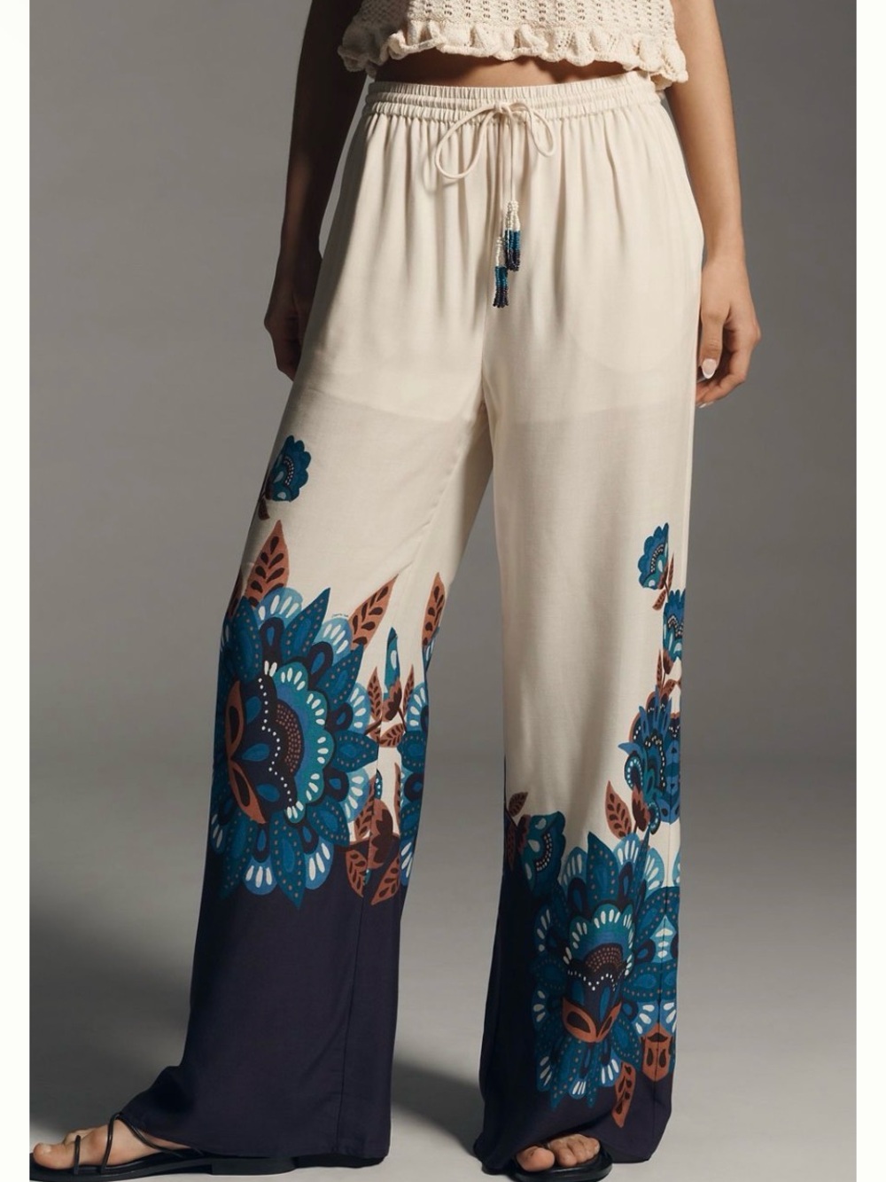 FARM Rio Cream Wide-Leg Pants with Teal and Navy Floral Border